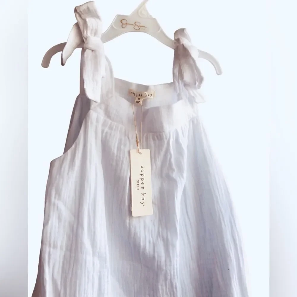 NWT GIRLS COOPER KEY WHITE SHOULDER STRAPS SIMPLE SUMMER DRESS WRINKLE LINED